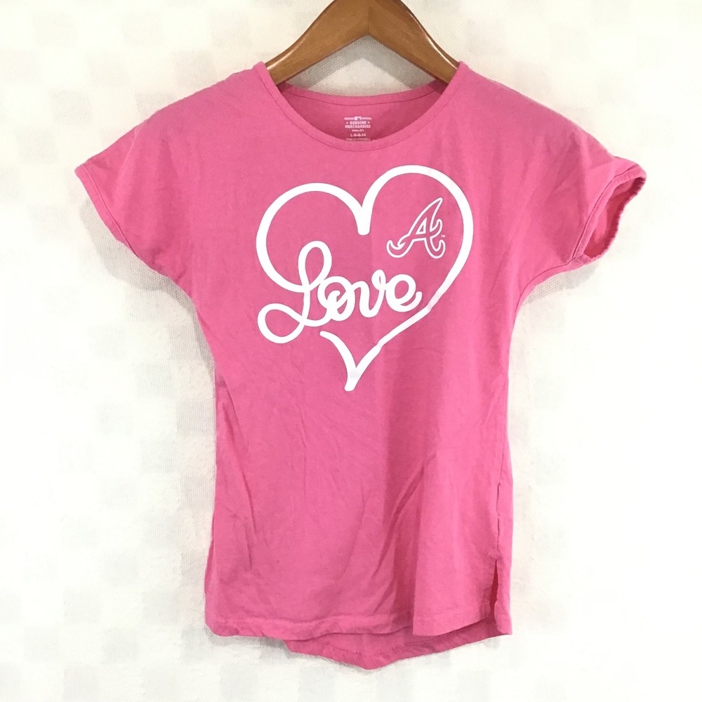 MLB Atlanta Braves Girls Pink Lovely Heart Glitter Graphic T-Shirt Size L 14